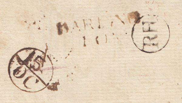 143149 CIRCA 1764 FREE MAIL DARLINGTON TO LONDON, REDIRECTED TO BATTLE, SUSSEX 'DARLING/TON' UNRECORDED TWO-LINE HANDSTAMP.