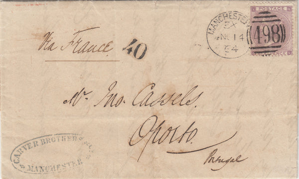 143151 1864 MAIL MANCHESTER TO OPORTO,  6d LILAC (SG85) 'MANCHESTER/498' SPOON TYPE D5a(RA93).