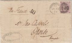 143151 1864 MAIL MANCHESTER TO OPORTO,  6d LILAC (SG85) 'MANCHESTER/498' SPOON TYPE D5a(RA93).