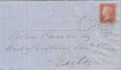 143153 1856 LETTER TORQUAY, DEVON TO EXETER DIE 2 1D (SG29) FINE 'TORQUAY/805' SIDEWAYS DUPLEX IN BLUE/BLUE-GREEN.