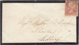 143155 1857 MOURNING ENVELOPE LEDBURY, HEREFORD USED LOCALLY 1d 'SAVOY STREET' PRINTING (SPEC C9A(1) 'TARRINGTON' UDC IN RED.