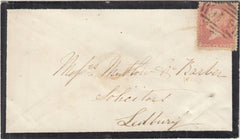 143155 1857 MOURNING ENVELOPE LEDBURY, HEREFORD USED LOCALLY 1d 'SAVOY STREET' PRINTING (SPEC C9A(1) 'TARRINGTON' UDC IN RED.
