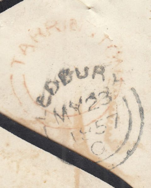 143155 1857 MOURNING ENVELOPE LEDBURY, HEREFORD USED LOCALLY 1d 'SAVOY STREET' PRINTING (SPEC C9A(1) 'TARRINGTON' UDC IN RED.