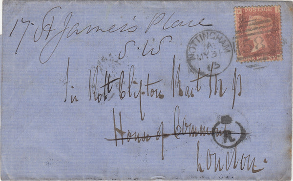 143156 1865 MAIL NOTTINGHAM TO HOUSE OF COMMONS, LONDON 1d PL.76 (SG43) AND 'CROWN R' HANDSTAMP CONFIRMING NO REDIRECTION FEE WITHIN SAME POSTAL DISTRICT.