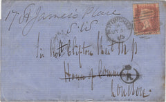 143156 1865 MAIL NOTTINGHAM TO HOUSE OF COMMONS, LONDON 1d PL.76 (SG43) AND 'CROWN R' HANDSTAMP CONFIRMING NO REDIRECTION FEE WITHIN SAME POSTAL DISTRICT.