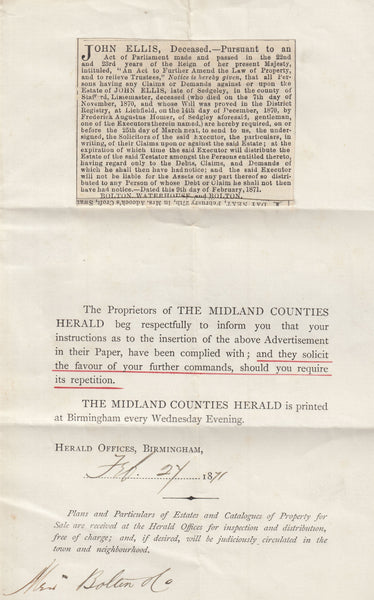 143157 1871 PRINTED MATTER BIRMINGHAM TO WOLVERHAMPTON ½d PL.8 (SG43).