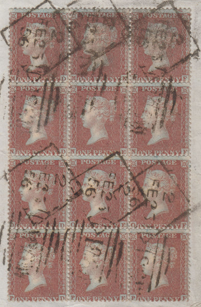 143158 1856 PIECE USED BLOCK OF TWELVE DIE 2 1D PL.21 S.C.14 (SG24), DUBLIN SPOON CANCELLATION (RA64).