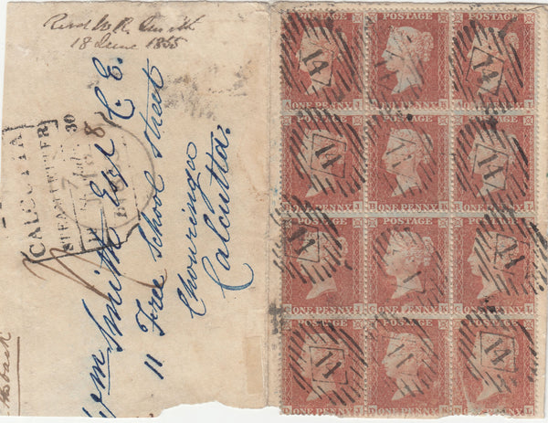 143159 1855 PART ENVELOPE LONDON TO CALCUTTA USED BLOCK OF TWELVE DIE 2 1D PL.3 S.C.16 (SG21).