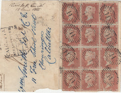 143159 1855 PART ENVELOPE LONDON TO CALCUTTA USED BLOCK OF TWELVE DIE 2 1D PL.3 S.C.16 (SG21).