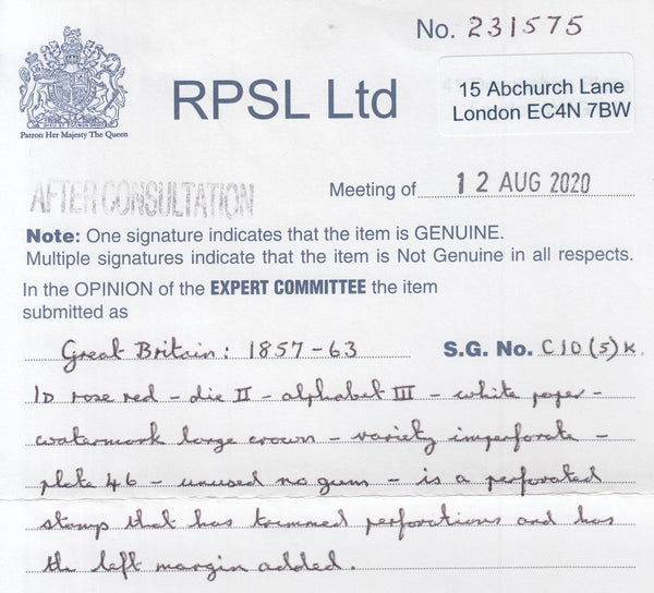 143160 1857 DIE 2 1D PL.46 (SG40) FRAUDULENT ATTEMPT TO CREATE 'VARIETY IMPERFORATE'.