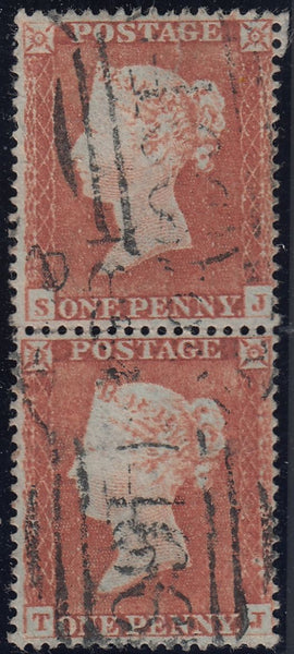 143162 1854 DIE 1 1D PL.157 (SG17) USED VERTICAL PAIR SJ RE-ENTRY (SPEC C1e) TJ KISS PRINT.