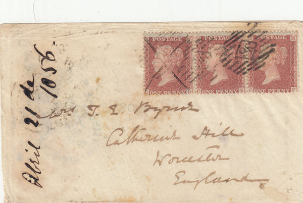 143165 1856 CRIMEAN WAR MAIL FROM THE CRIMEA TO WORCESTER 1d (SG29) X 3 CANCELLED IN LONDON.