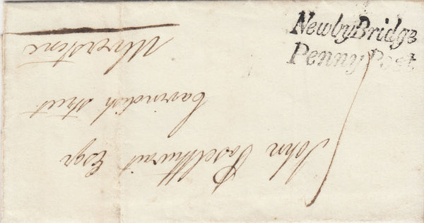 143171  1838 MAIL RUSLAND HALL, WESTMORLAND TO ULVERSTONE WITH 'NewbyBridge/Penny Post' HANDSTAMP (LA690).