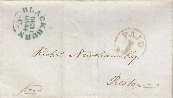 143176 1844 MAIL BLACKBURN, LANCS TO PRESTON WITH BLACKBURN 'PAID/1' UNIFORM PENNY POST HANDSTAMP (LA106).