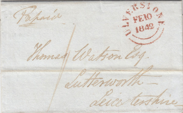 143177 1842 MAIL ULVERSTONE, LANCS TO LUTTERWORTH WITH 'ULVERSTONE' DATE STAMP (LA1129).