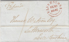 143177 1842 MAIL ULVERSTONE, LANCS TO LUTTERWORTH WITH 'ULVERSTONE' DATE STAMP (LA1129).