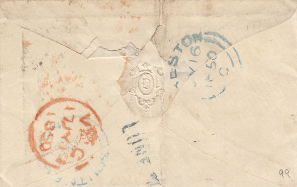 143182 1850 MAIL PRESTON, LANCS TO SOUTHAMPTON 1d PL.99 (SG8) 'LUNE ST' RECEIVERS HANDSTAMP OF PRESTON.