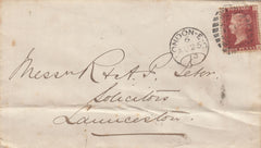 143184 1873 MAIL LONDON TO LAUNCESTON, CORNWALL 1d PL.124 (SG43) MISSENT TO LANCASTER.