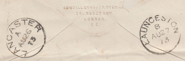 143184 1873 MAIL LONDON TO LAUNCESTON, CORNWALL 1d PL.124 (SG43) MISSENT TO LANCASTER.