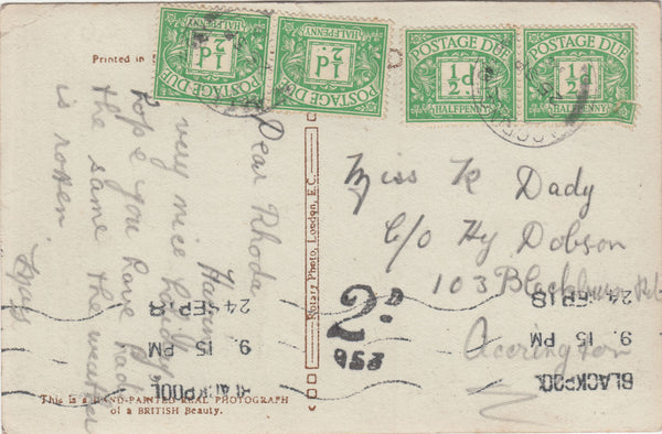 143186 1918 UNPAID MAIL BLACKPOOL, LANCS TO ACCRINGTON WITH '2D' CHARGEMARK AND POSTAGE DUES.