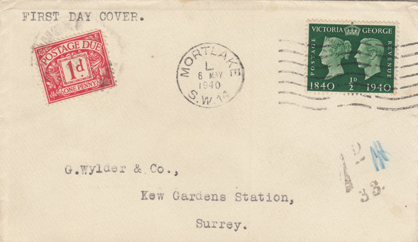 143187 1940 ½d CENTENARY FIRST DAY COVER USED IN SURREY 1d POSTAGE DUE.
