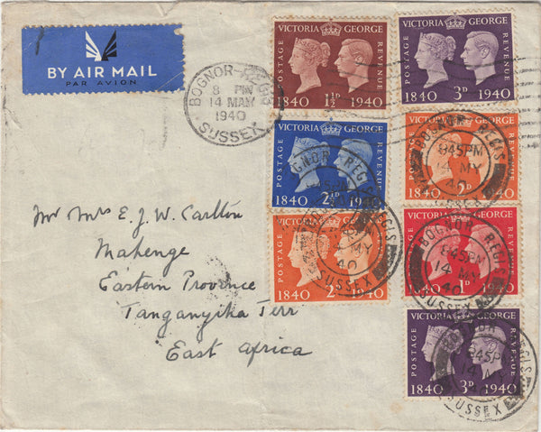 143189 1940 AIRMAIL BOGNOR REGIS, SUSSEX TO TANGANYIKA, EAST AFRICA WITH VARIOUS CENTENARY ISSUES.