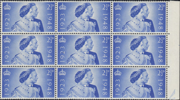 143191 1948 2½D ROYAL SILVER WEDDING (SG493) UNMOUNTED BLOCK OF NINE VARIETY 'WHITE PATCH IN KING'S HAIR'.