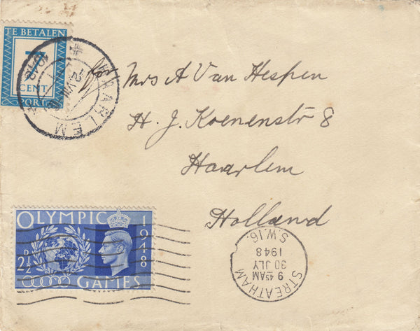 143194 1948 UNDERPAID MAIL STREATHAM, LONDON TO HOLLAND 2½D OLYMPICS (SG495) AND DUTCH 7c POSTAGE DUE.