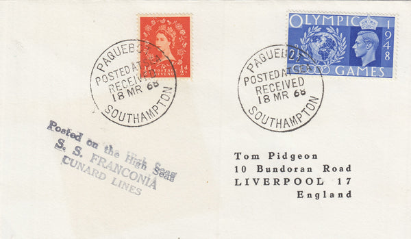 143195 1968 PAQUEBOT MAIL/CUNARD LINES TO LIVERPOOL KGVI 2½D OLYMPIC GAMES (SG495) AND QEII ½D WILDING.