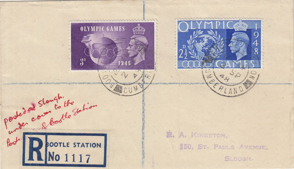 143196 1948 REGISTERED MAIL 'BOOTLE STATION', CUMBERLAND TO SLOUGH 'POSTED UNDER COVER' OLYMPIC GAMES 2½D (SG495) AND 3D (SG496).