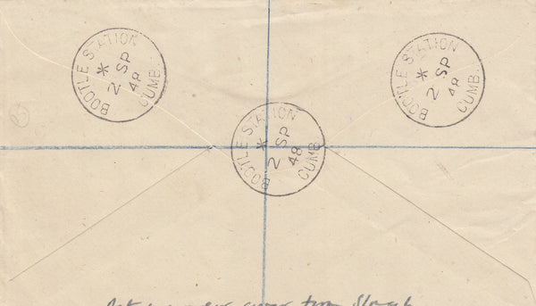143196 1948 REGISTERED MAIL 'BOOTLE STATION', CUMBERLAND TO SLOUGH 'POSTED UNDER COVER' OLYMPIC GAMES 2½D (SG495) AND 3D (SG496).