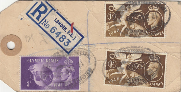 143197 1948  BANKERS TAG REGISTERED MAIL LONDON TO MANCHESTER, OLYMPIC GAMES ISSUE.