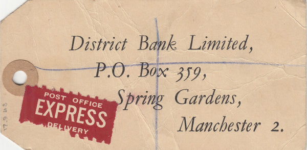143197 1948  BANKERS TAG REGISTERED MAIL LONDON TO MANCHESTER, OLYMPIC GAMES ISSUE.