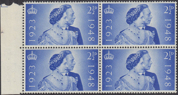 143198 1948 2½D ROYAL SILVER WEDDING (SG493) UNMOUNTED MARGINAL BLOCK OF FOUR CONSTANT VARIETY 'SPOT ON SHOULDER' (SPEC QCom10a).
