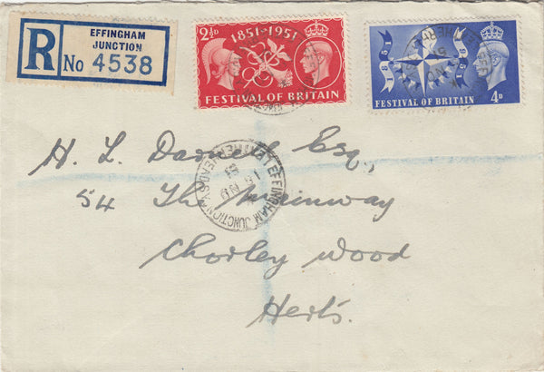 143200 1951 FESTIVAL OF BRITAIN 2½D AND 4D (SG513/514) REGISTERED MAIL 'EFFINGHAM JUNCTION', SURREY DATE STAMPS.