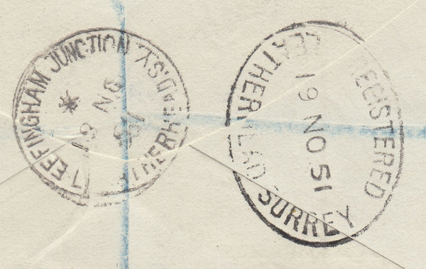 143200 1951 FESTIVAL OF BRITAIN 2½D AND 4D (SG513/514) REGISTERED MAIL 'EFFINGHAM JUNCTION', SURREY DATE STAMPS.