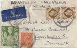 143201 CIRCA 1942 AIRMAIL PACKET LABEL LEICESTER TO COPENHAGEN, DENMARK KGVI 2D (SG488), 1S (SG475) X 2 AND 2/6 YELLOW-GREEN (SG476b) 'SAMPLE OF NO VALUE'.