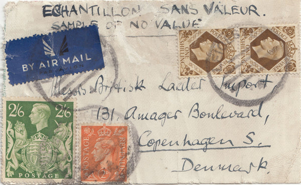 143201 CIRCA 1942 AIRMAIL PACKET LABEL LEICESTER TO COPENHAGEN, DENMARK KGVI 2D (SG488), 1S (SG475) X 2 AND 2/6 YELLOW-GREEN (SG476b) 'SAMPLE OF NO VALUE'.