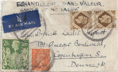 143201 CIRCA 1942 AIRMAIL PACKET LABEL LEICESTER TO COPENHAGEN, DENMARK KGVI 2D (SG488), 1S (SG475) X 2 AND 2/6 YELLOW-GREEN (SG476b) 'SAMPLE OF NO VALUE'.