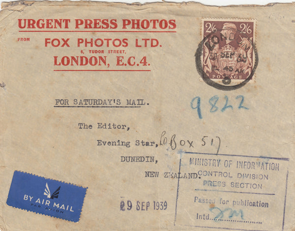 143202 1939 AIRMAIL LONDON TO DUNEDIN, NEW ZEALAND 2/6 BROWN (SG476).