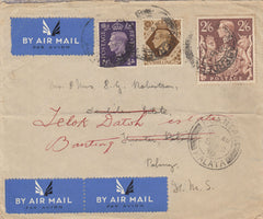 143203 1939 AIRMAIL ABERDEEN TO PAHANG, MALAYA FORWARDED TO BANTING 3D (SG467) 1S (SG475) AND 2/6 BROWN (SG476).