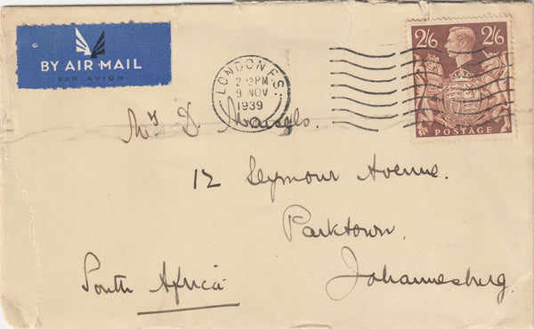 143204 1939 AIRMAIL LONDON TO JOHANNESBURG, SOUTH AFRICA 2/6 BROWN (SG476).
