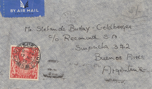 143206 1939 AIRMAIL CARLISLE, CUMBERLAND TO BUENOS AIRES, ARGENTINA 5S RED (SG477).
