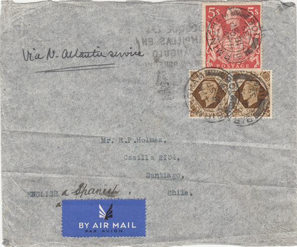 143208 1939 AIRMAIL BIRMINGHAM TO SANTIAGO, CHILE 1S (SG475) X 2 5S RED (SG477).