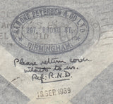 143208 1939 AIRMAIL BIRMINGHAM TO SANTIAGO, CHILE 1S (SG475) X 2 5S RED (SG477).