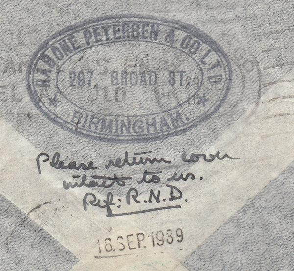 143208 1939 AIRMAIL BIRMINGHAM TO SANTIAGO, CHILE 1S (SG475) X 2 5S RED (SG477).