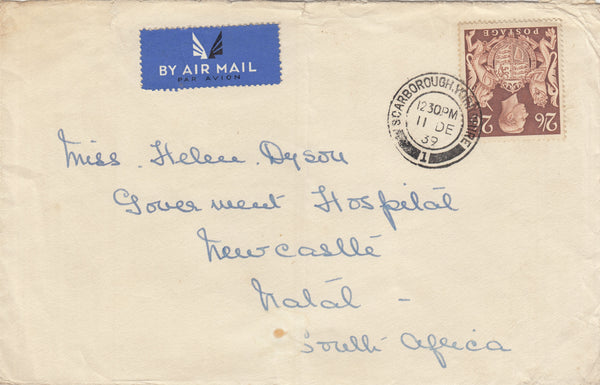 143210 1939 AIRMAIL SCARBOROUGH, YORKSHIRE TO NATAL, SOUTH AFRICA 2/6 BROWN (SG476).
