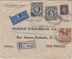 143211 1940 REGISTERED AIRMAIL LONDON TO SAO PAULO, BRAZIL 3d (SG467) 2/6 BROWN (SG476) 10s DARK BLUE (SG478) X 2
