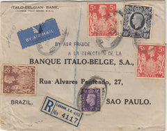 143212 1940 REGISTERED AIRMAIL LONDON TO SAO PAULO, BRAZIL WITH 3D (SG467) 2/6 BROWN (SG476) 5S RED (SG477) X 2 AND 10S DARK BLUE (SG478).
