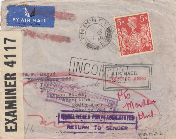 143213 1940 AIRMAIL LONDON TO ARGENTINE 5S RED (SG477) UNDELIVERED AND RETURNED TO SENDER.